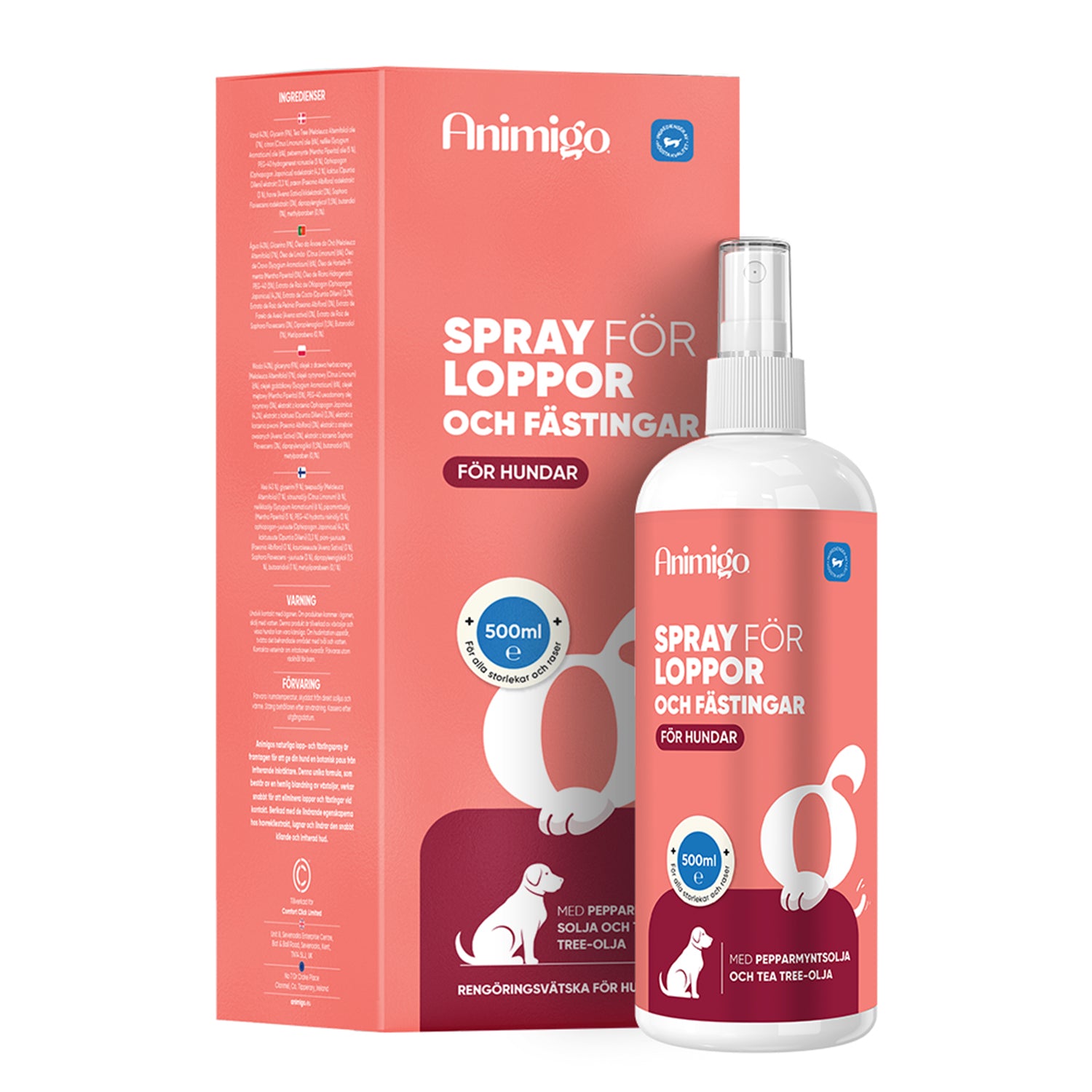 F&auml;sting & Loppspray, 500 ml - F&ouml;r hundar & katter -  Med pepparmyntsolja & tea tree olja - Animigo